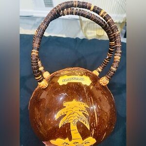Vintage  Hawaiian Coconut Shell Small Round Handbag Hand Carved Beaded Handle